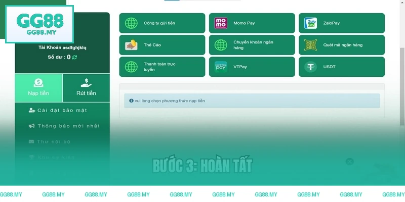 Hoàn tất thủ tục nạp tiền GG88